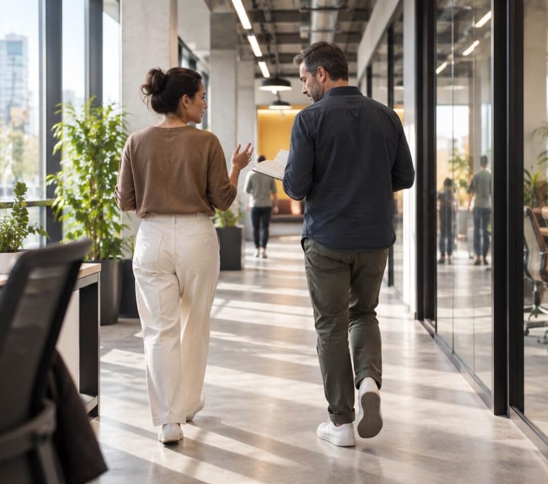 Two colleagues walking through a bright office corridor, discussing a notebook.