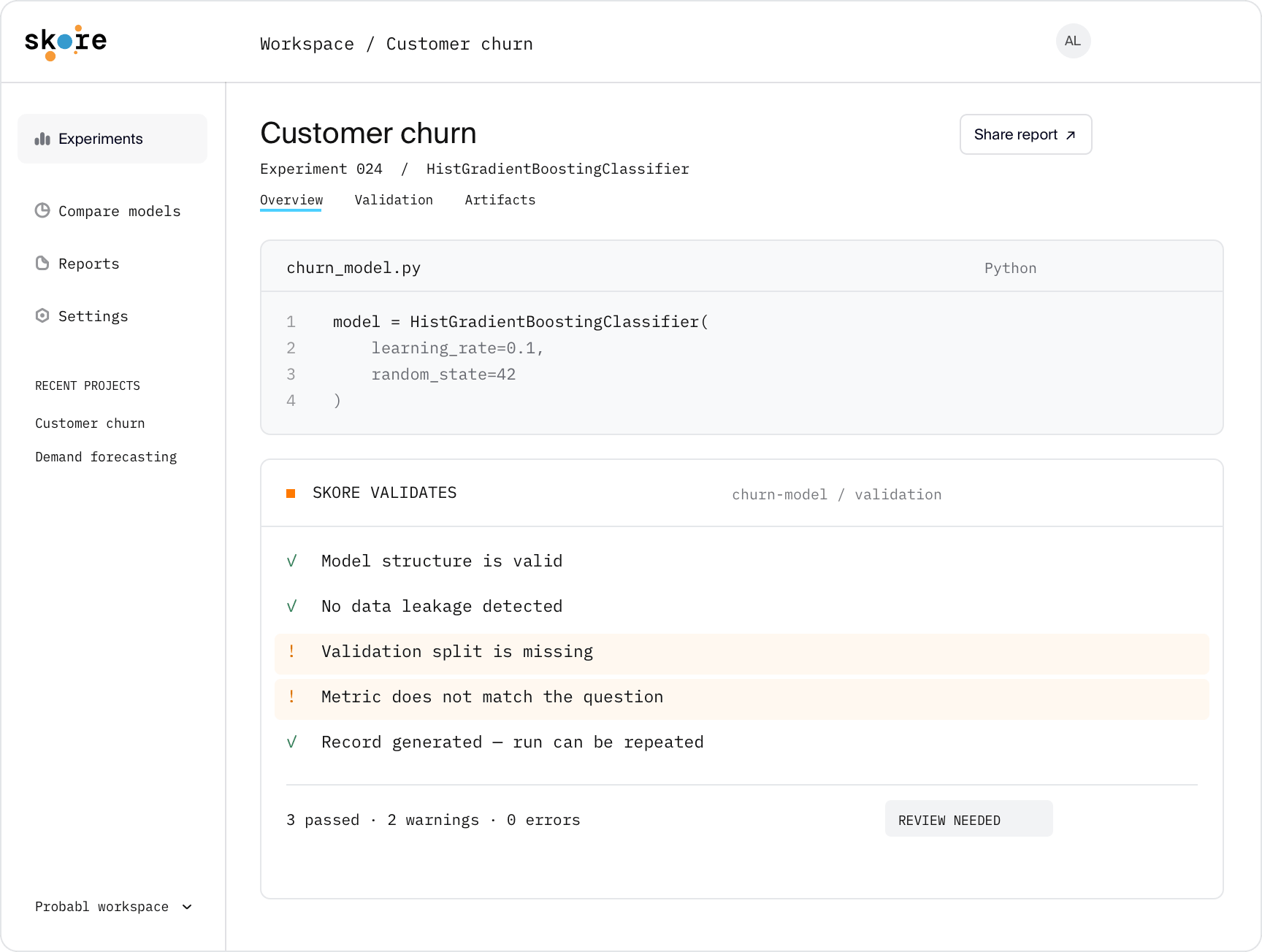Skore workspace showing the customer-churn experiment: model code next to automated validation checks.