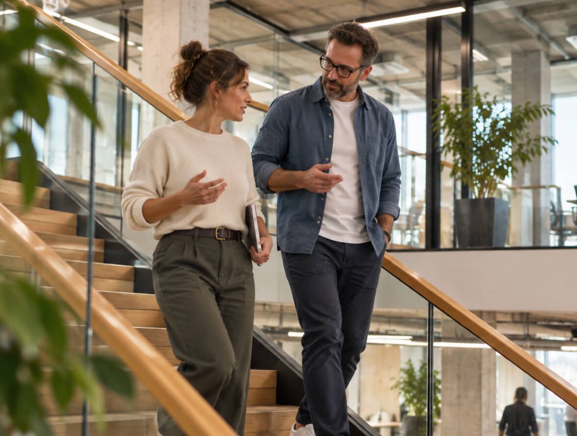 Two colleagues walking down an office staircase in conversation, one holding a tablet.