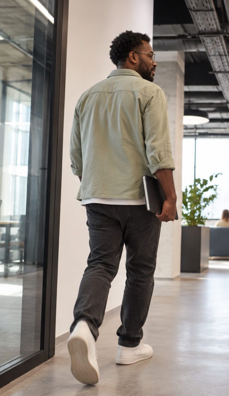 A man in a light shirt walking down an office corridor with a laptop under his arm.