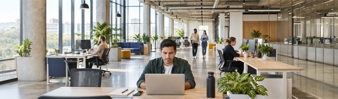 A data scientist working on a laptop in a busy open-plan office.