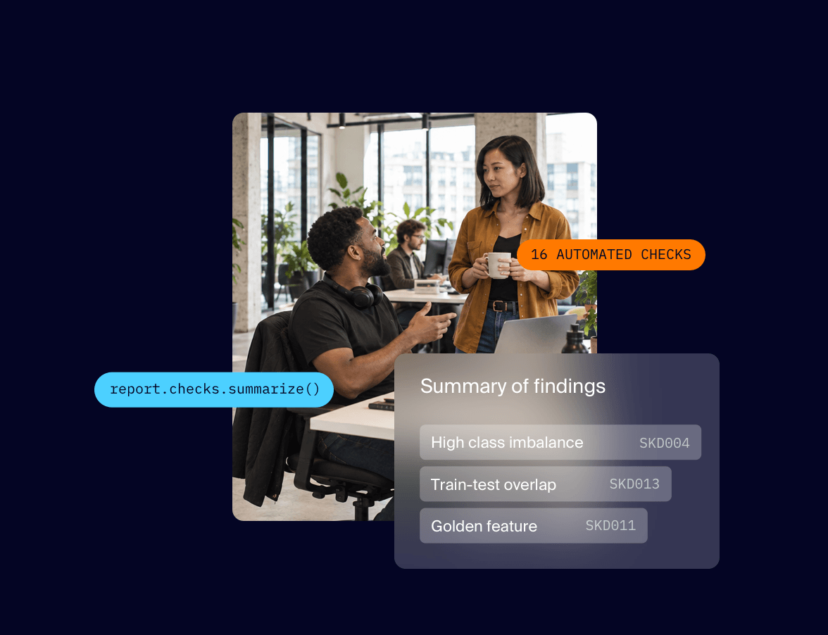 Skore collage: two colleagues talking at a laptop in an office, next to model quality pitfalls flagged by automated checks.