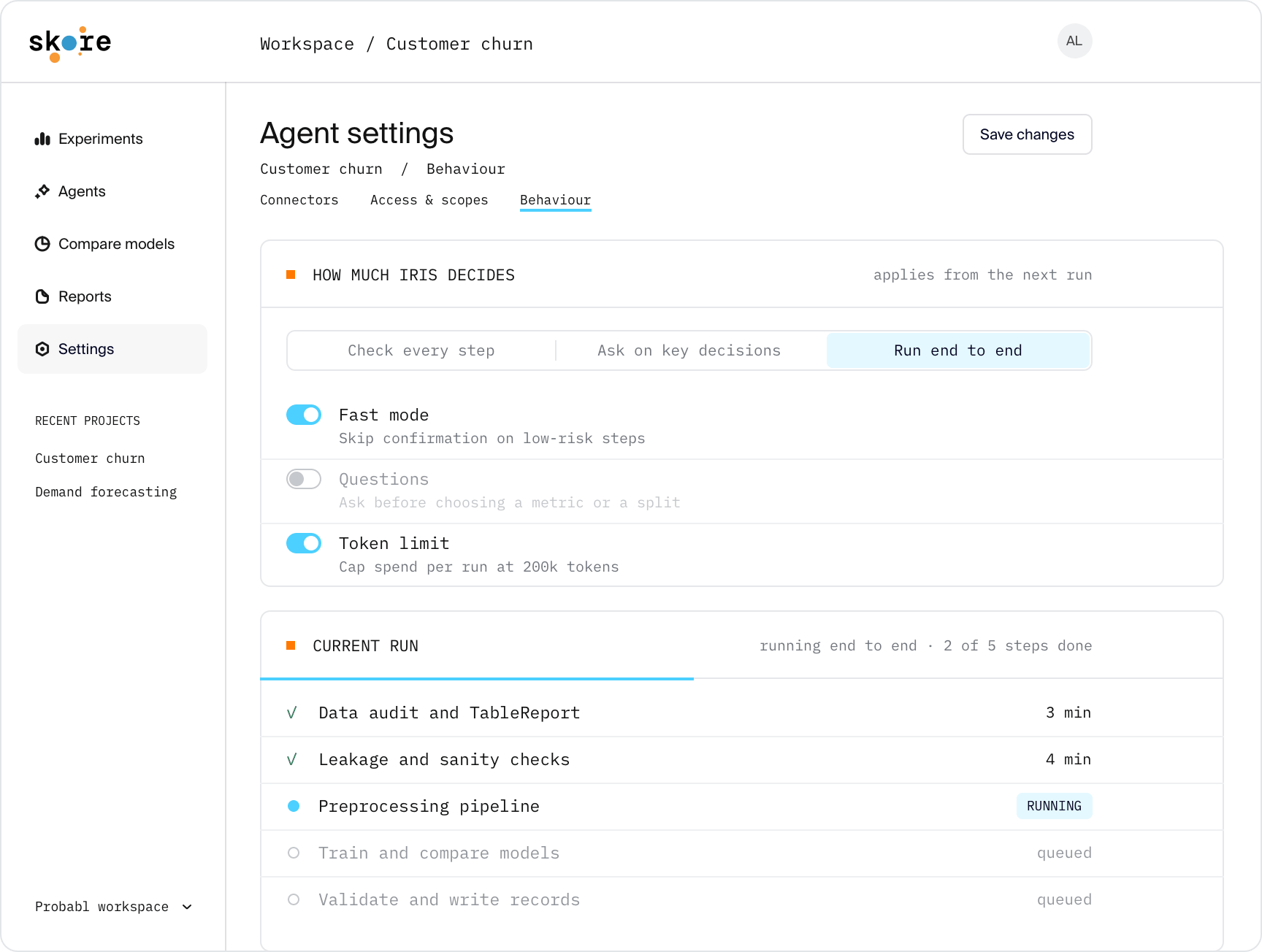 Skore agent settings: autonomy set to "Run end to end", with fast mode and a 200k-token limit switched on, above a current run with two of five steps done and preprocessing in progress.